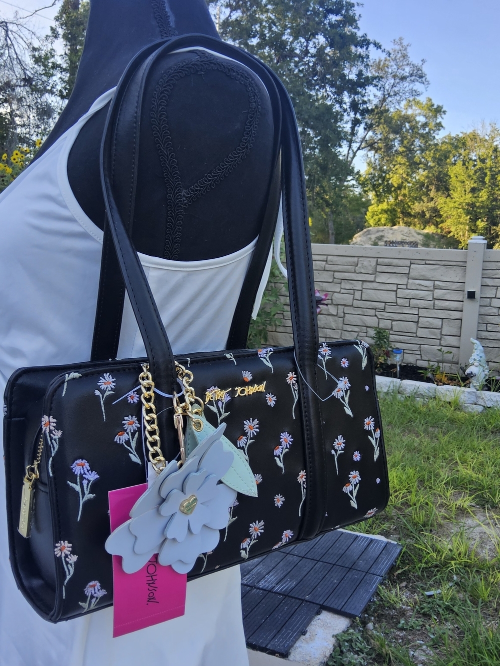 NWT-Betsey Johnson Black Floral Satchel with Light Blue Flower Charm - Picture 3 of 6